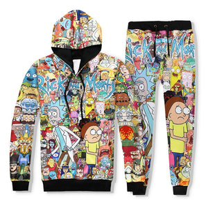 2019 Fashion Hoodies Hooded+Pants Sweatshirt 2 Piece Set Men Casual Tracksuits 3D Print Rick and Morty Track Suit S-XXL