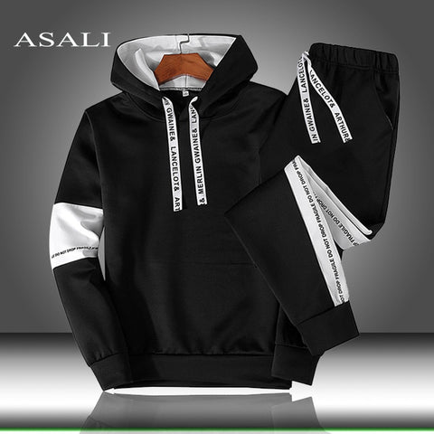 Image of Sets Tracksuit Men Autumn Winter Hooded Sweatshirt Drawstring Outfit Sportswear 2019 Male Suit Pullover Two Piece Set Casual